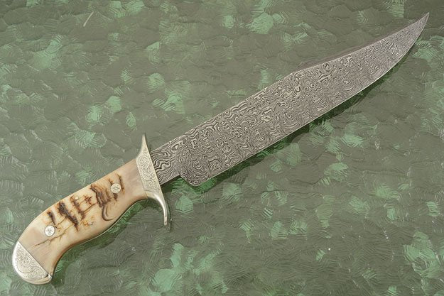 Hand Engraved Tennessee Bowie Knife - Custom Damascus Steel Blade, Ram Horn Handle, Hand Engraved Steel Guard and Bolster, 15" Overall Length | Leather Sheath | KBS Knives