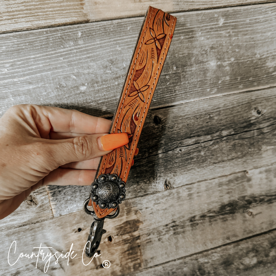 Tooled Leather Wristlet Keychain