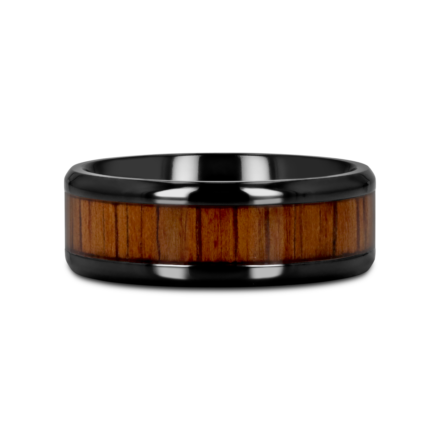 LEIFI Black Titanium Ring with Koa Wood Inlay and Bevels - 8mm