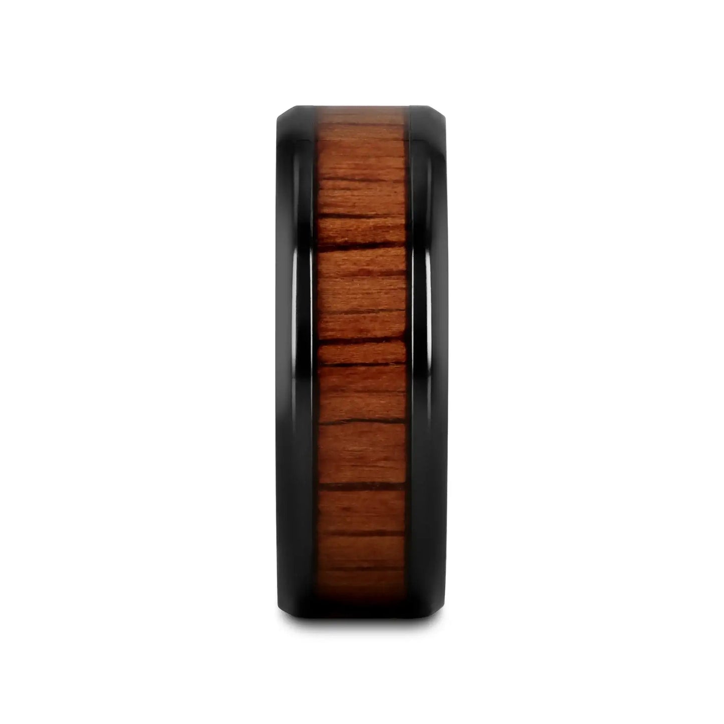 LEIFI Black Titanium Ring with Koa Wood Inlay and Bevels - 8mm