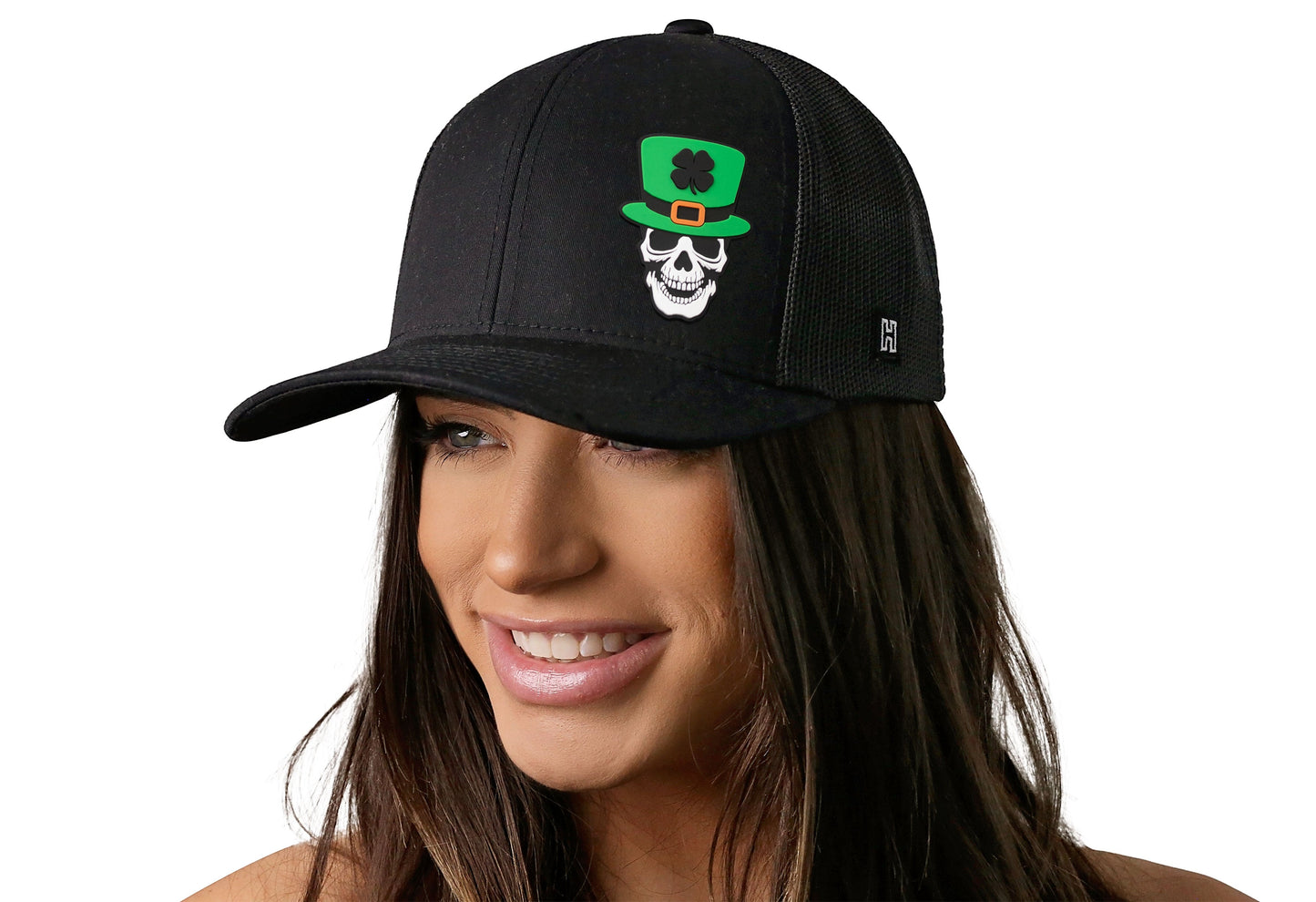Leprechaun Skull Trucker Hat  |  Black Rubber Patch Snapback