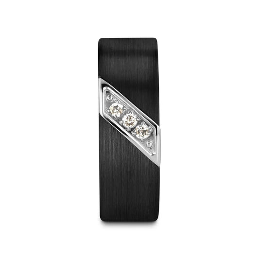 LIAM 8mm Flat Black Satin Tungsten Carbide Wedding Band with Diagonal Diamonds in Stainless Steel