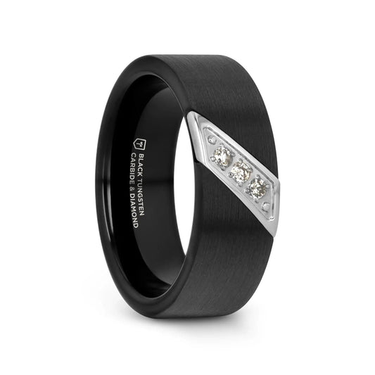 LIAM 8mm Flat Black Satin Tungsten Carbide Wedding Band with Diagonal Diamonds in Stainless Steel