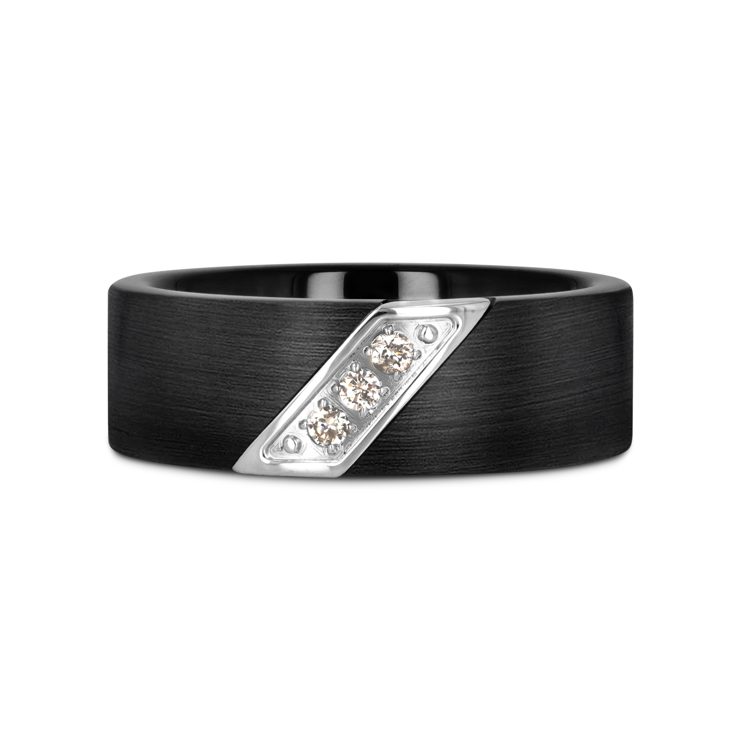 LIAM 8 mm Flat Black Satin Tungsten Carbide Wedding Band with Diagonal Diamonds in Stainless Steel