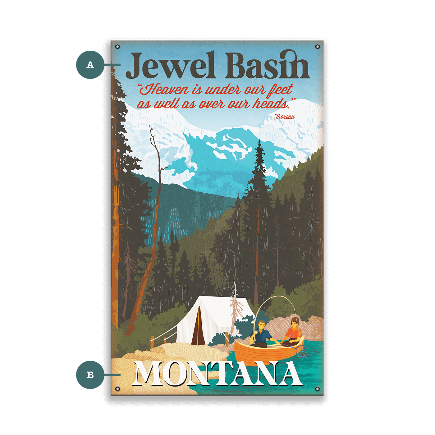 Camping Canoe Couple: With Mountains - Wood & Metal Wall Art