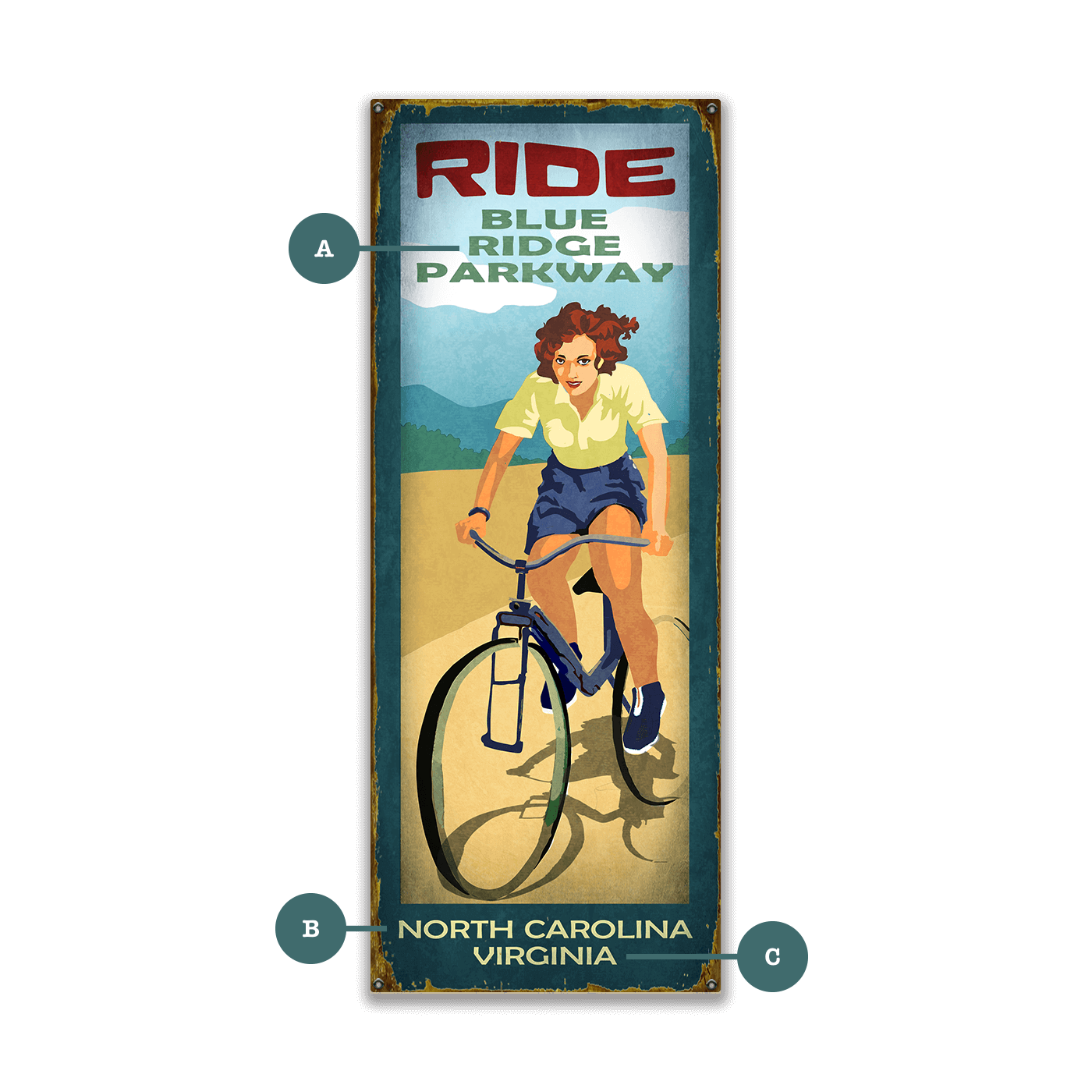 Scenic Trail Bike Sign: Female - Wood & Metal Wall Art
