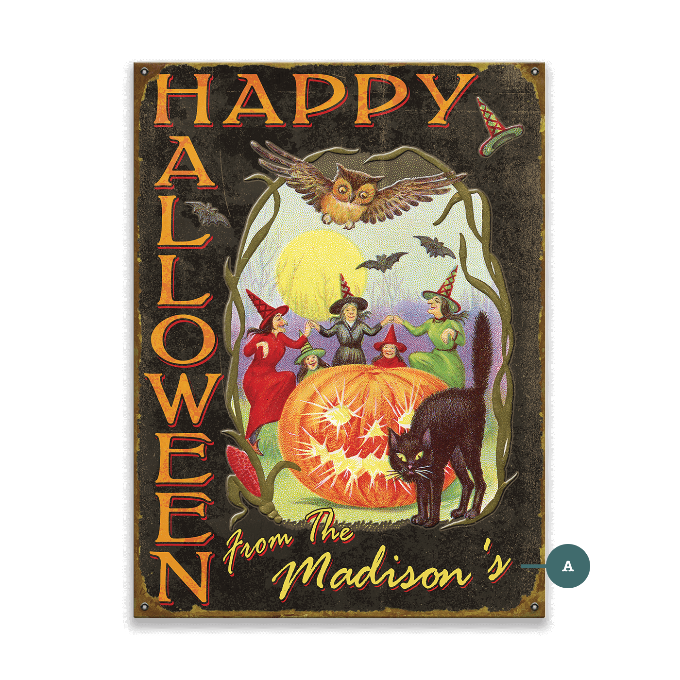 Happy Halloween, Witches and Black Cat - Wood & Metal Wall Art