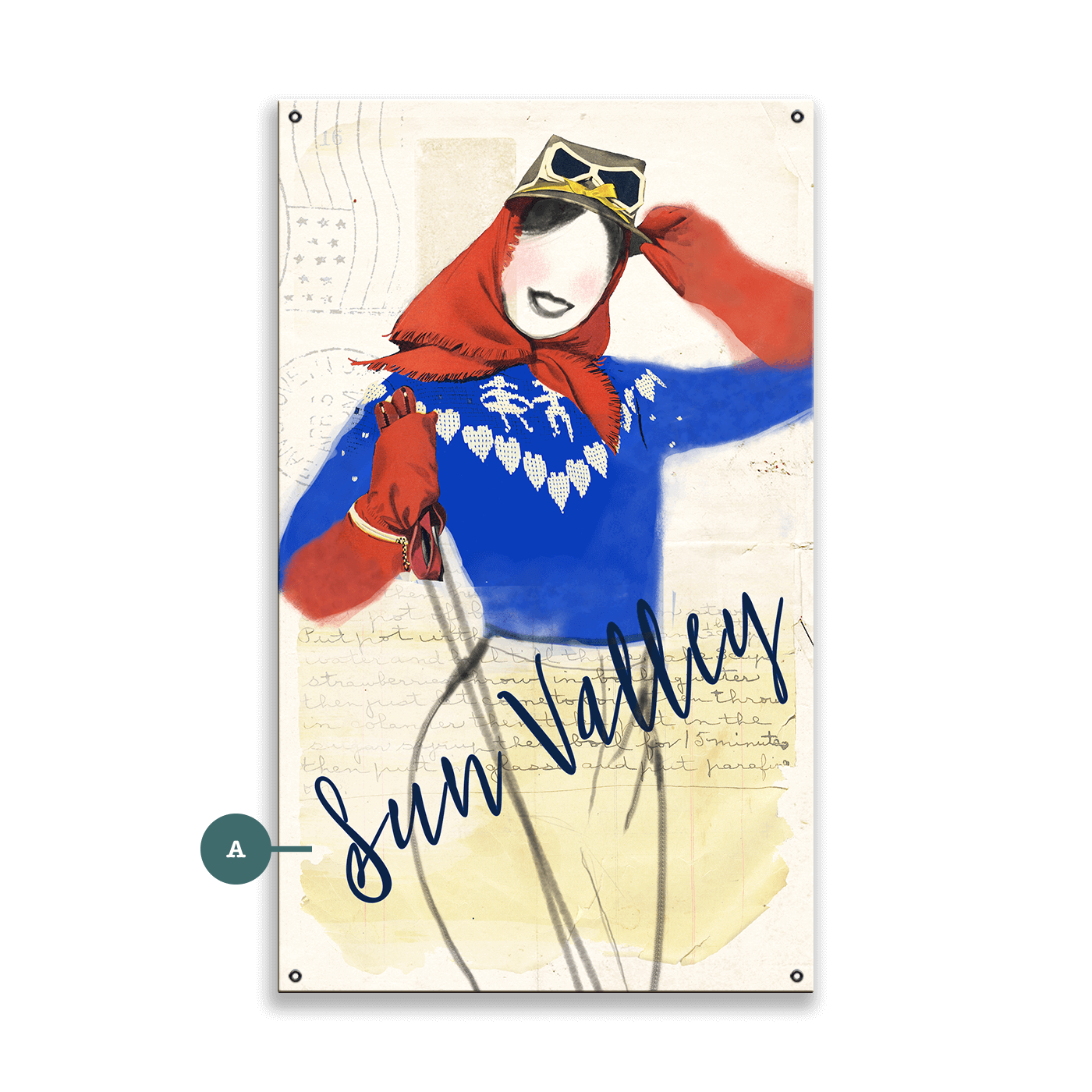Winter Fashion Postcard: Blue Sweater & Goggles - Wood & Metal Wall Art