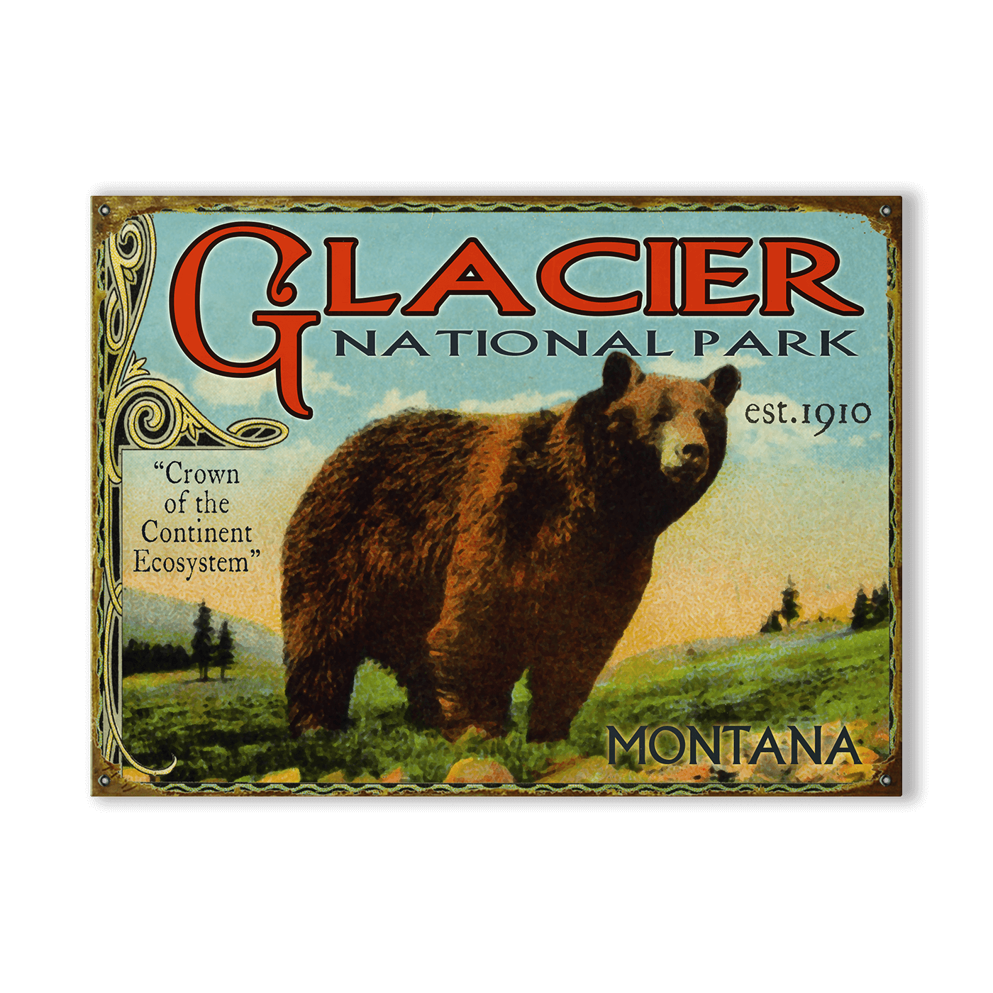 Glacier: Bear & Meadow Scene - Wood & Metal Wall Art
