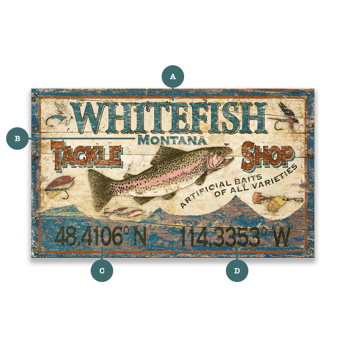 Trout Tackle Sign - Wood & Metal Wall Art