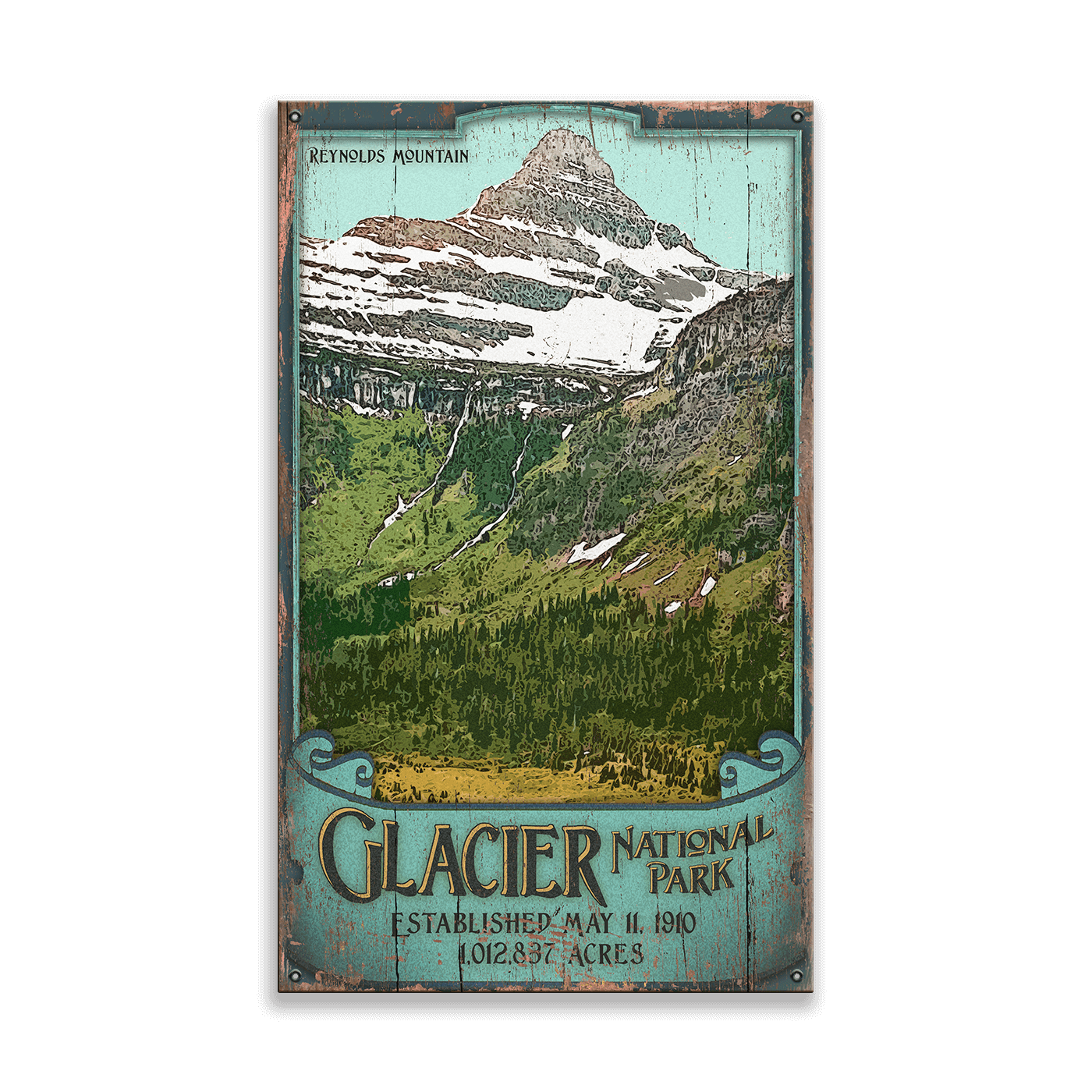 Reynolds Mountain at Glacier National Park: Distressed Finish - Wood & Metal Wall Art