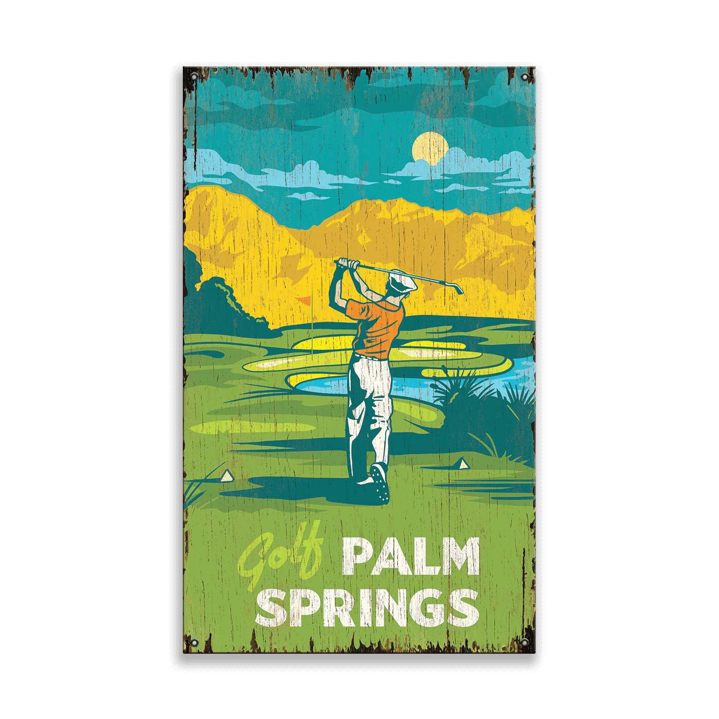 Palm Springs Golf: Distressed Finish - Wood & Metal Wall Art