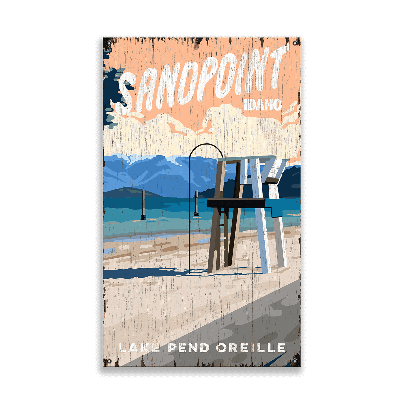 City Beach Scene: Distressed Finish - Wood & Metal Wall Art