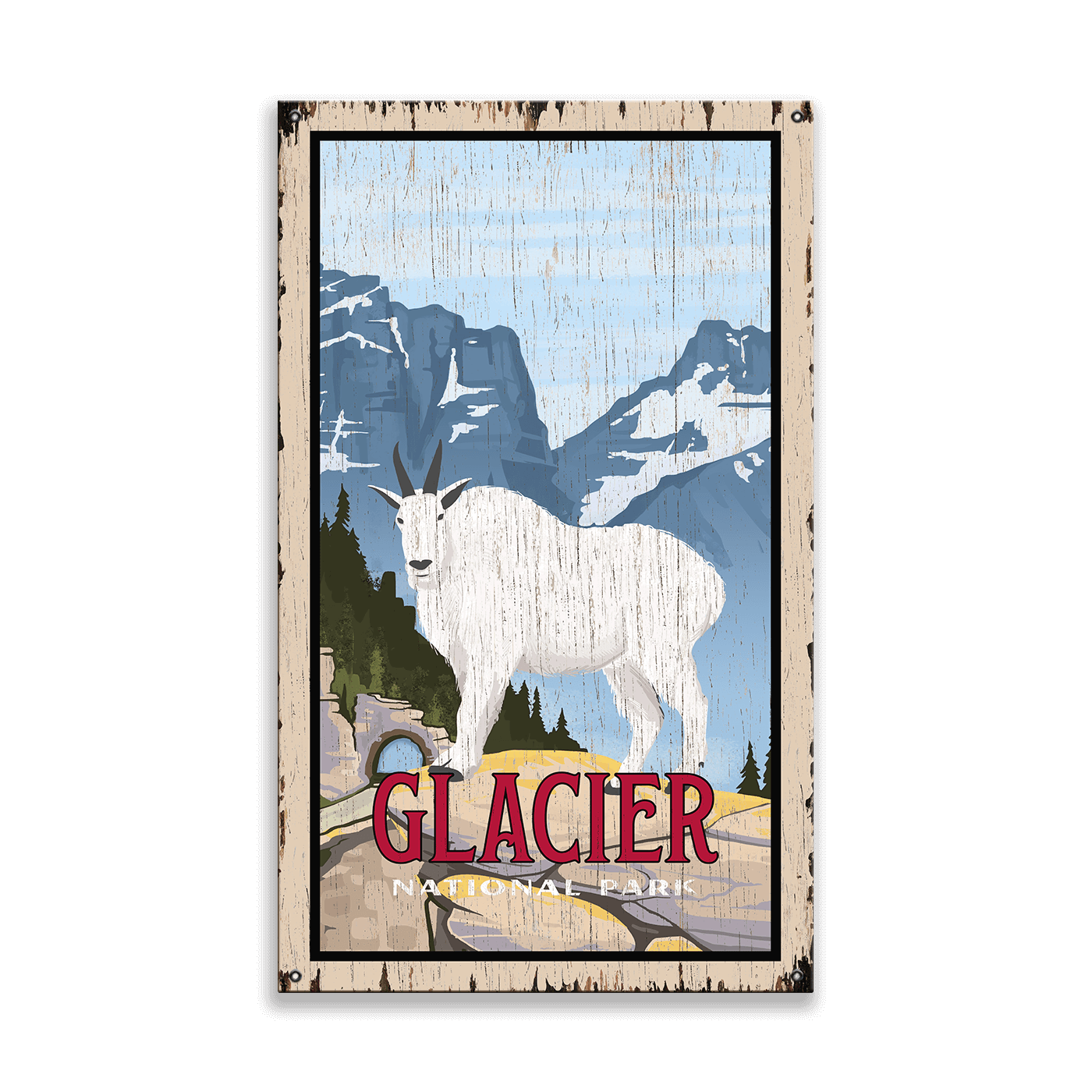 Mountain Goat at Glacier National Park: Distressed Finish - Wood & Metal Wall Art