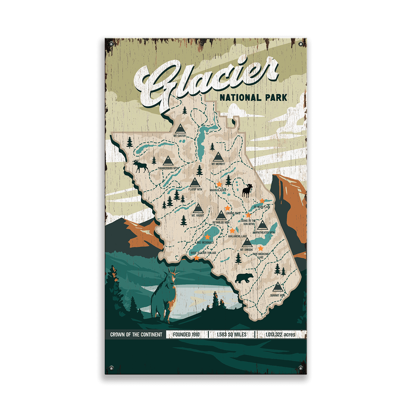Glacier National Park Illustrated Map: Distressed Finish - Wood & Metal Wall Art
