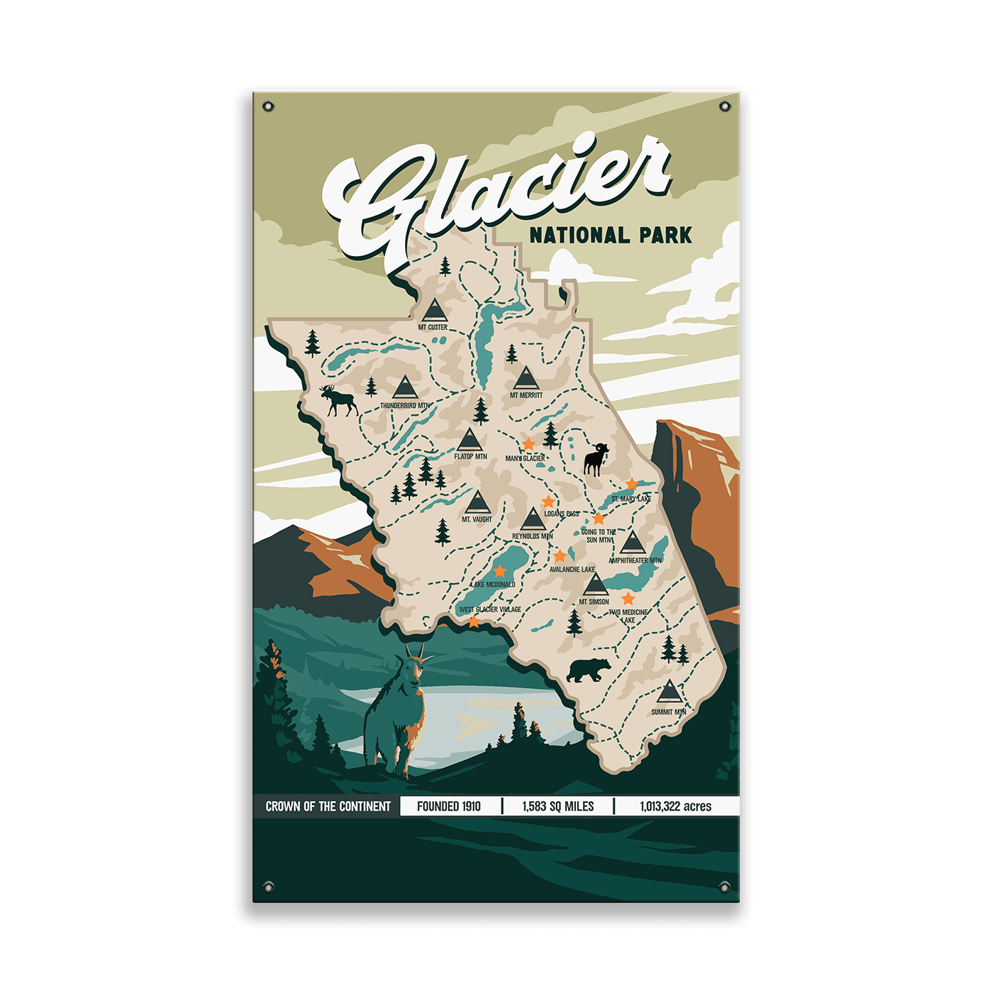 Glacier National Park Illustrated Map: Smooth Finish - Wood & Metal Wall Art