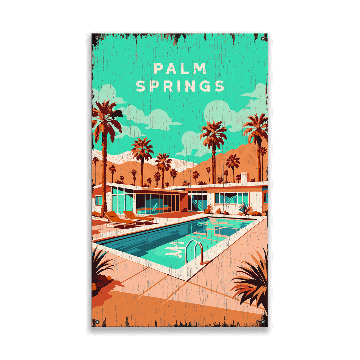 Palm Springs Pool Scene: Distressed Finish - Wood & Metal Wall Art