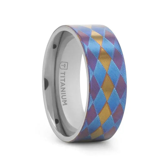 MAJESTIC Flat Titanium Ring with Purple, Blue, and Gold Diamond Pattern - 8mm