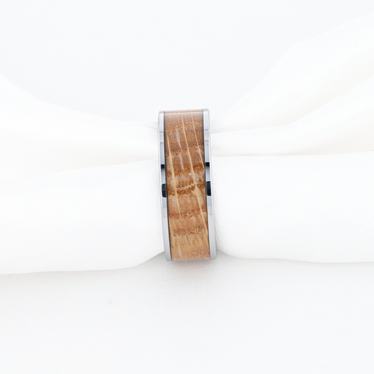MALT Whiskey Barrel Inlaid Tungsten Men's Wedding Band With Flat Polished Edges Made From Genuine Whiskey Barrels - 8mm