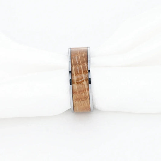 MALT Whiskey Barrel Inlaid Tungsten Men's Wedding Band With Flat Polished Edges Made From Genuine Whiskey Barrels - 8mm