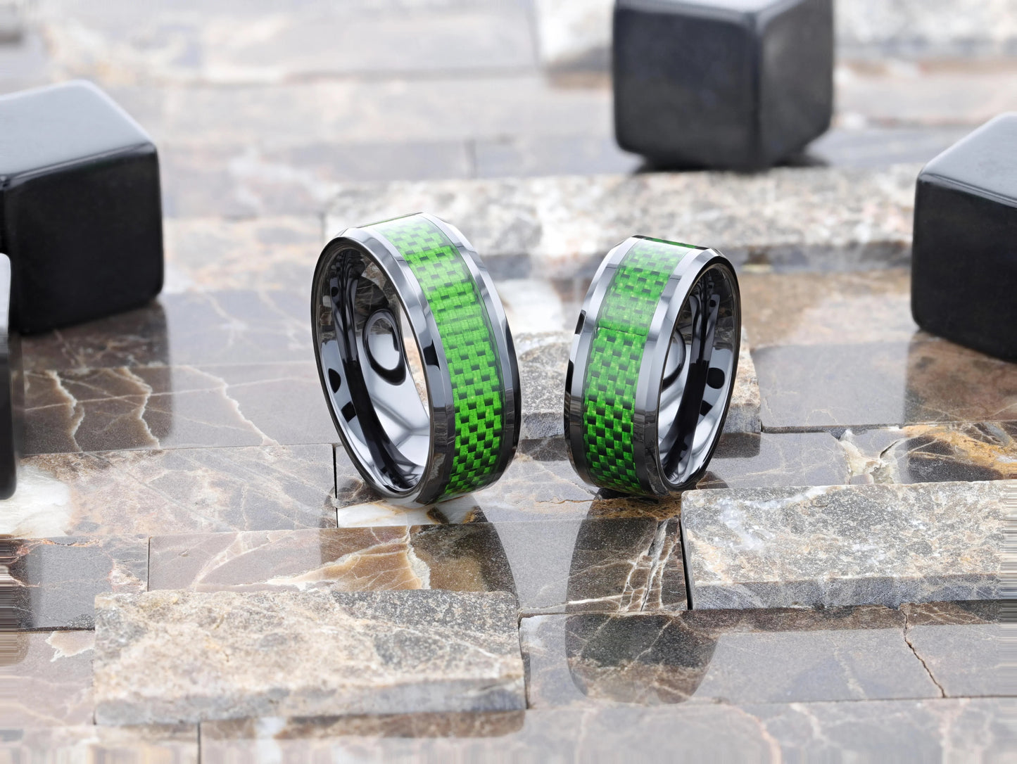 MATLAL Beveled Black Ceramic Ring with Emerald Green Carbon Fiber Inlay - 8mm