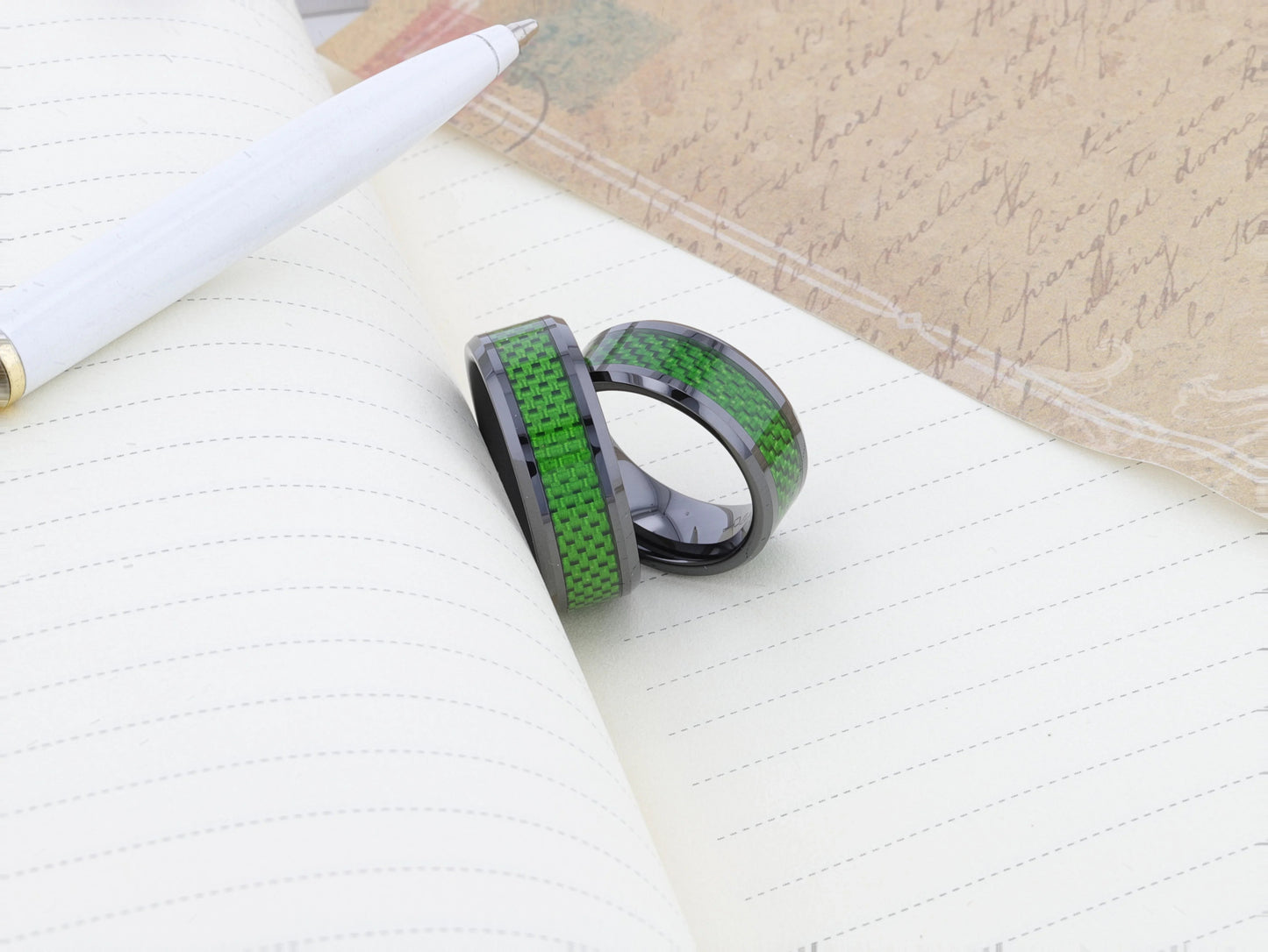 MATLAL Beveled Black Ceramic Ring with Emerald Green Carbon Fiber Inlay - 8mm