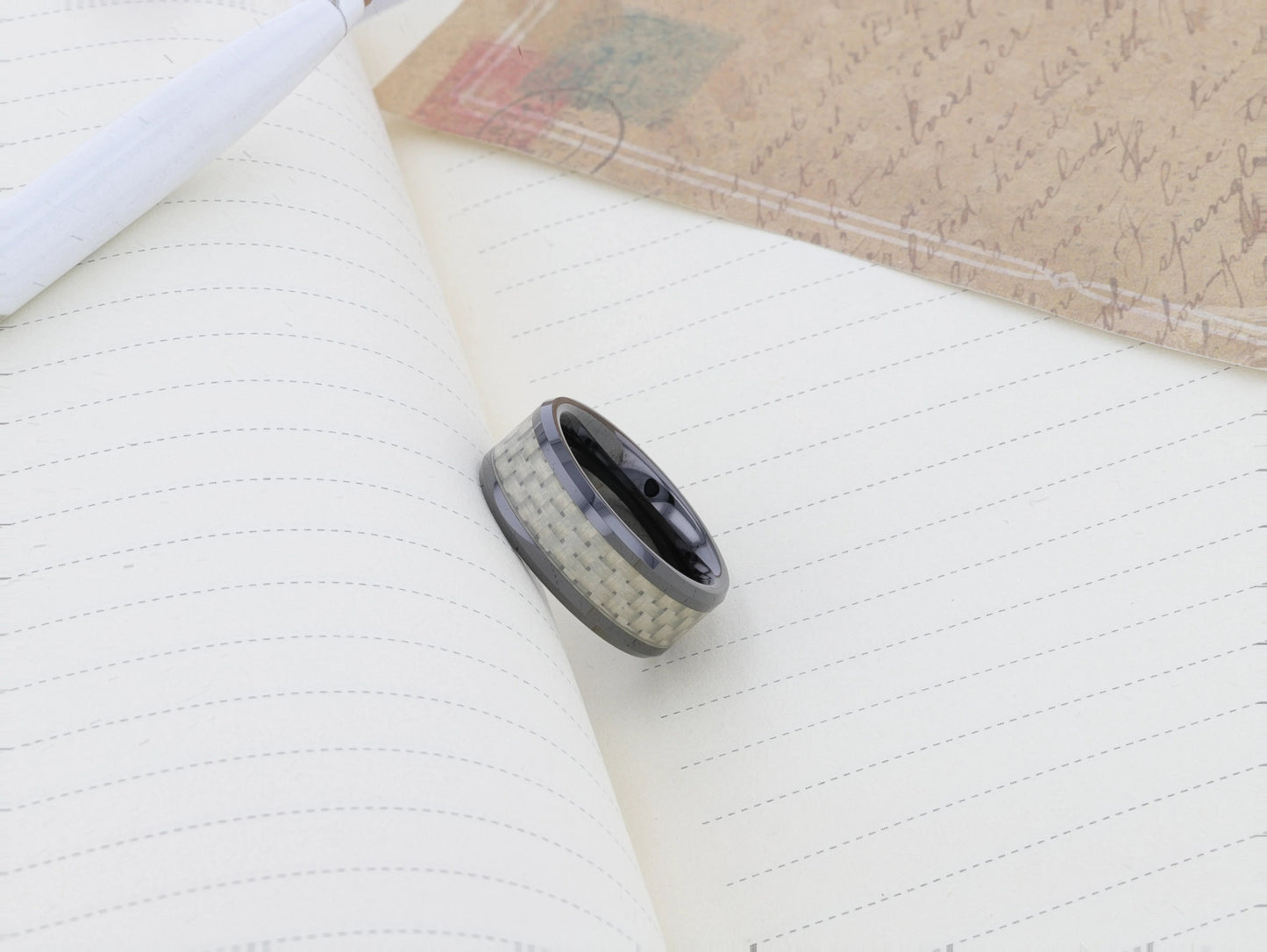 MYSTIQUE Beveled White Carbon Fiber Inlaid Ceramic Ring - 8mm