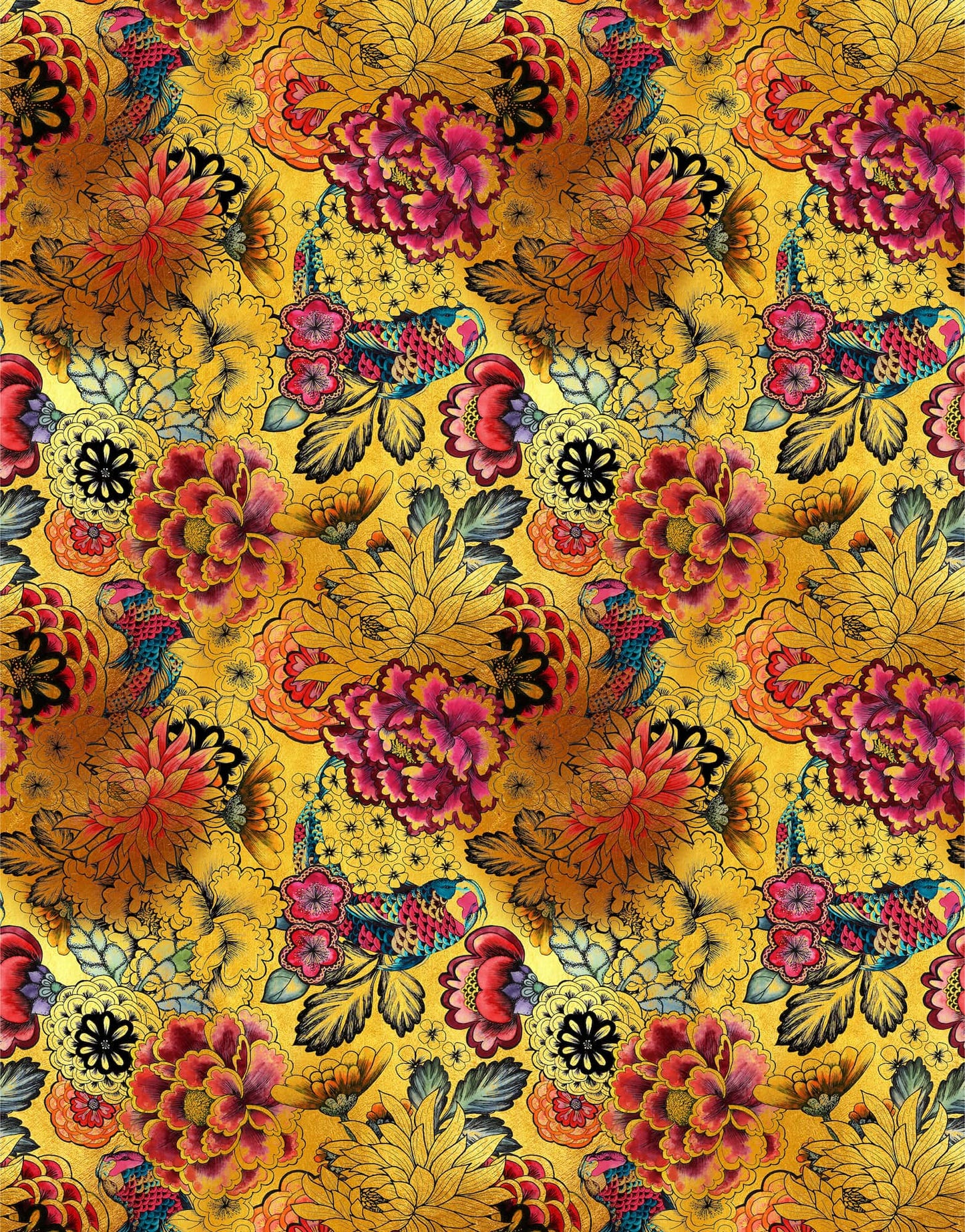 Japanese Art Koi Fish Peel and Stick Wallpaper. Gold Flowers Background.  Removable Wall Mural #6192