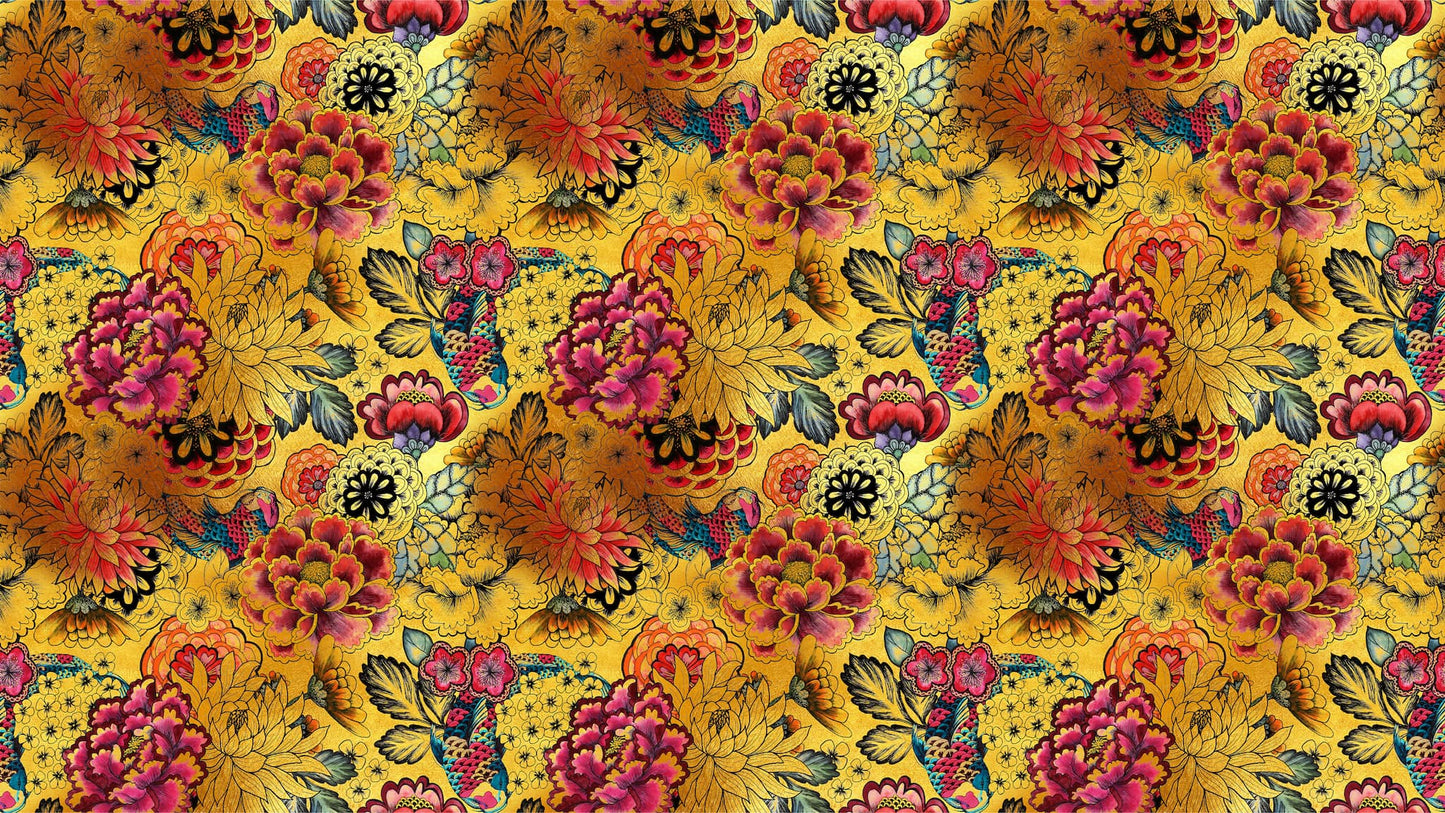 Japanese Art Koi Fish Peel and Stick Wallpaper. Gold Flowers Background.  Removable Wall Mural #6192