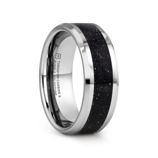 MAKI Men’s Beveled Polished Finish Tungsten Wedding Ring with Purple Goldstone Inlay - 8mm