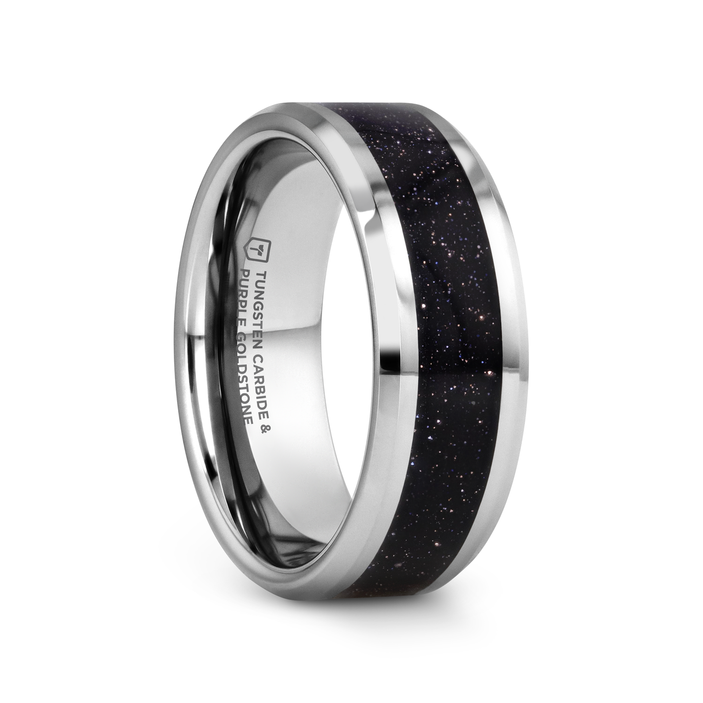 MAKI Men’s Beveled Polished Finish Tungsten Wedding Ring with Purple Goldstone Inlay - 8mm