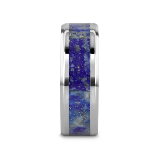 MALONE Men's Titanium Wedding Ring with Blue Lapis Inlay & Beveled Edges - 8mm