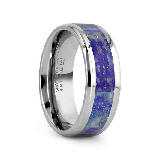 MALONE Men's Titanium Wedding Ring with Blue Lapis Inlay & Beveled Edges - 8mm