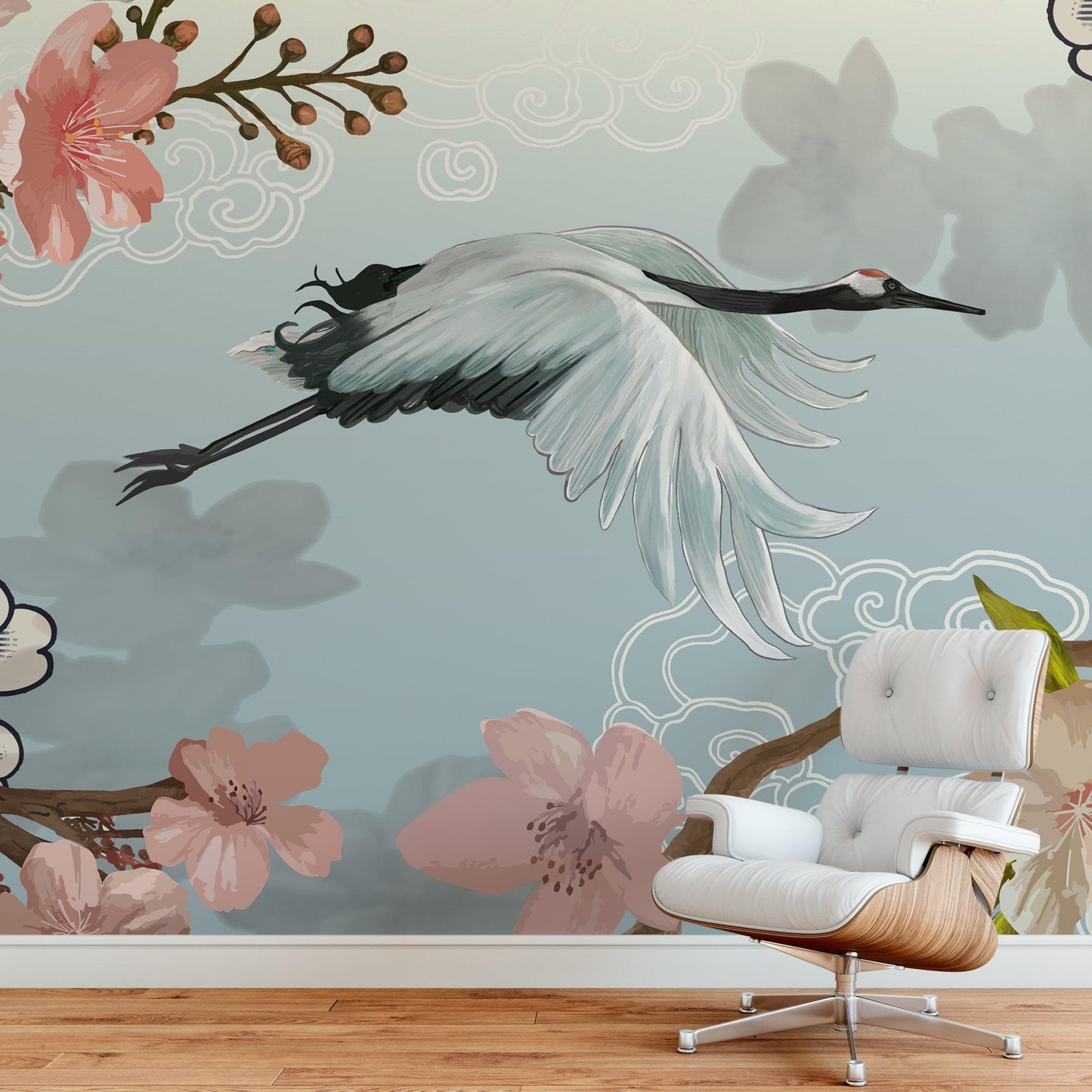 Manchurian Crane Flying Over Cherry Blossoms Peel and Stick Wallpaper | Removable Wall Mural. #6205