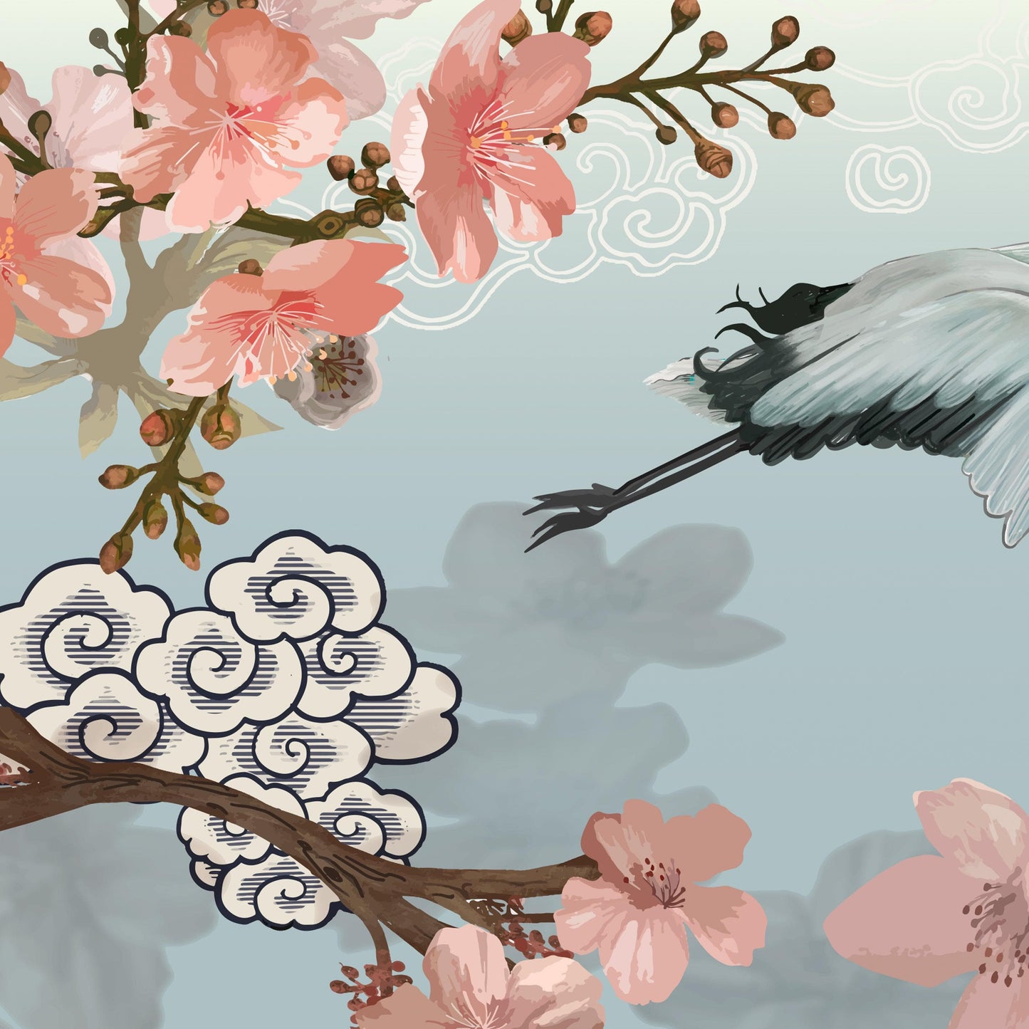 Manchurian Crane Flying Over Cherry Blossoms Peel and Stick Wallpaper | Removable Wall Mural. #6205
