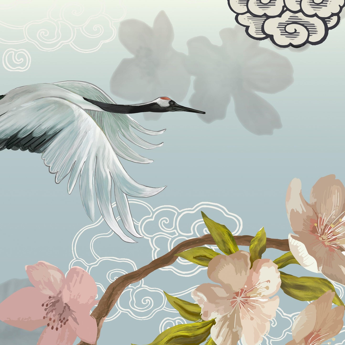 Manchurian Crane Flying Over Cherry Blossoms Peel and Stick Wallpaper | Removable Wall Mural. #6205