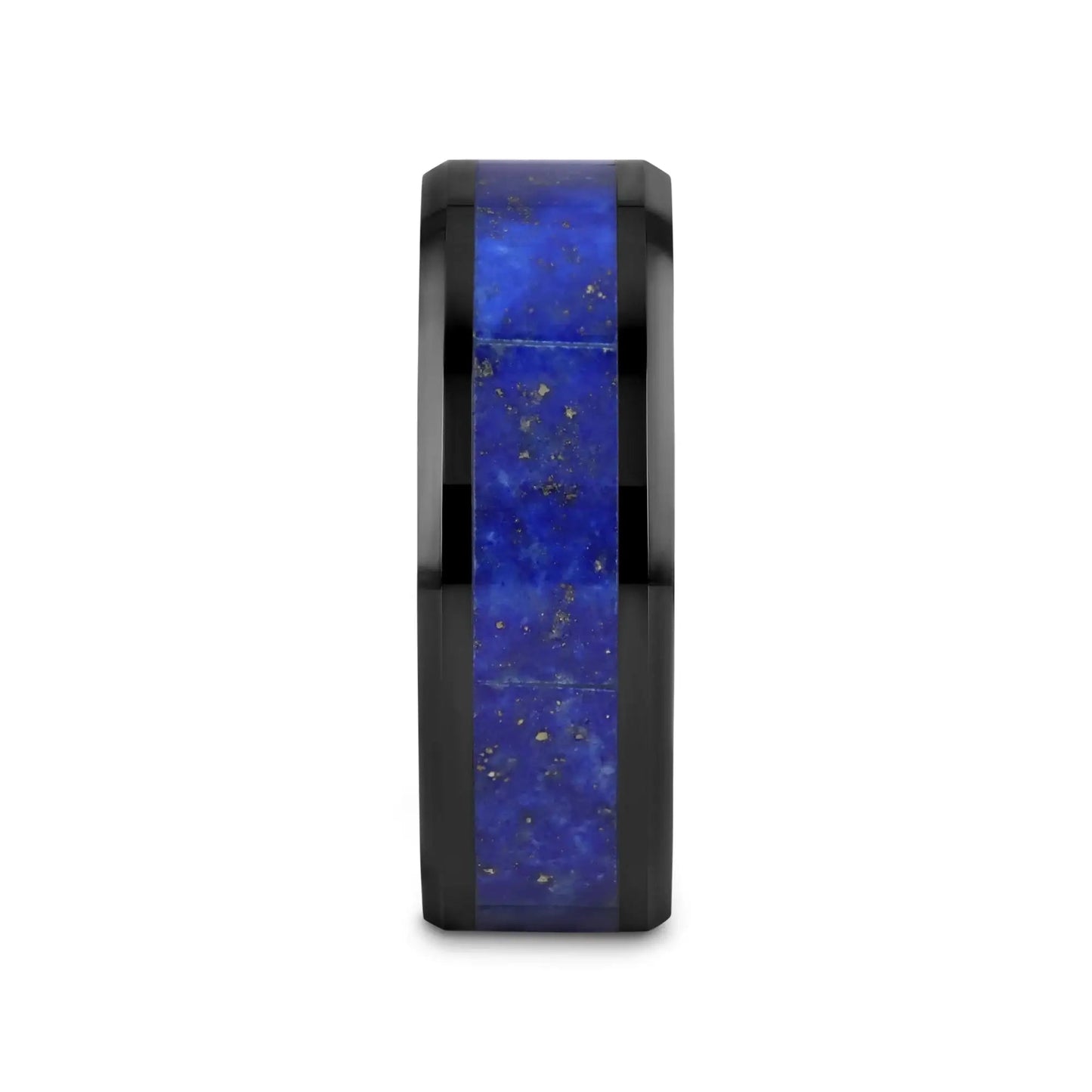 MARLOW Men’s Polished Black Ceramic Wedding Band with Blue Lapis Inlay & Beveled Edges - 8mm