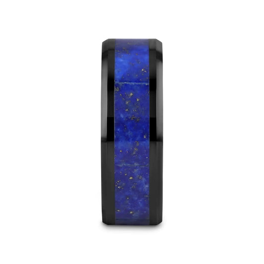 MARLOW Men’s Polished Black Ceramic Wedding Band with Blue Lapis Inlay & Beveled Edges - 8mm