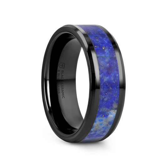 MARLOW Men’s Polished Black Ceramic Wedding Band with Blue Lapis Inlay & Beveled Edges - 8mm