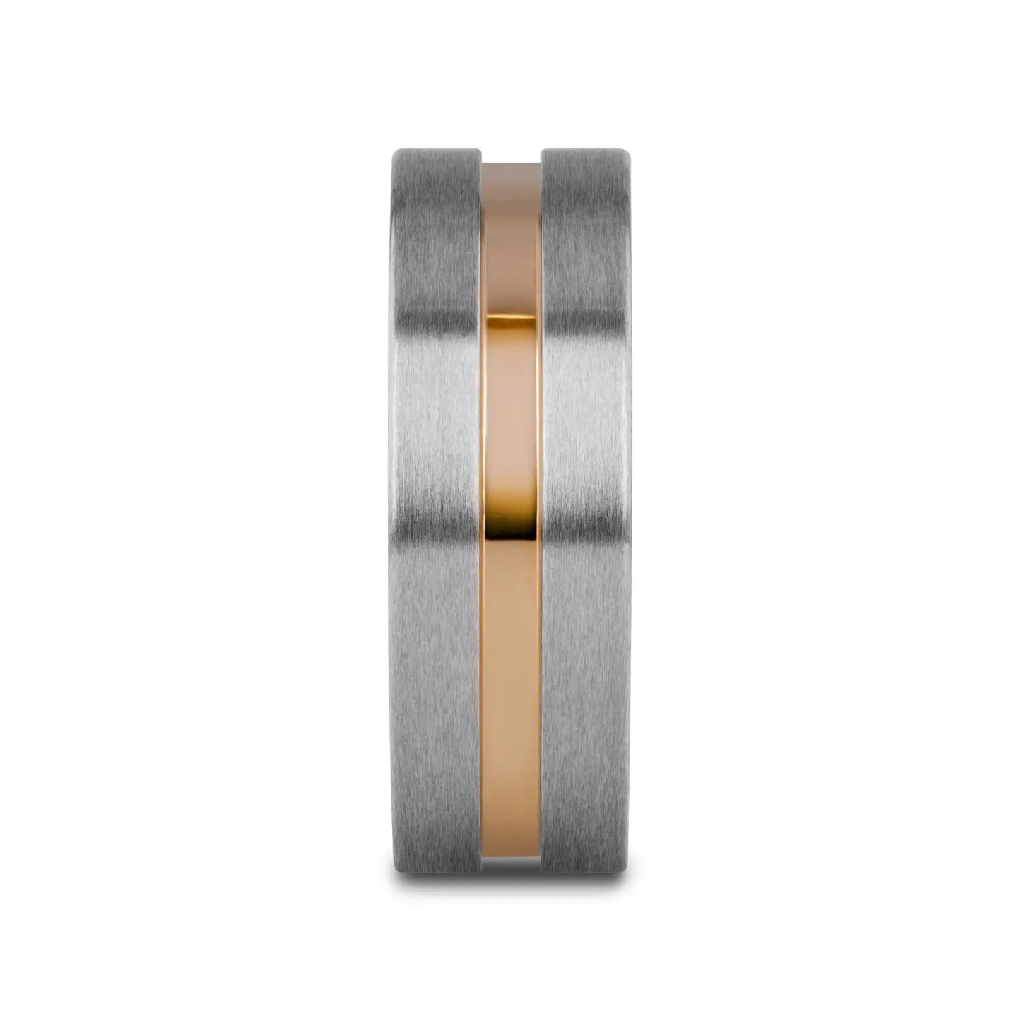 MARS Titanium Flat Brushed Finished Men's Wedding Ring With Rose Gold Plated Groove Center - 8mm