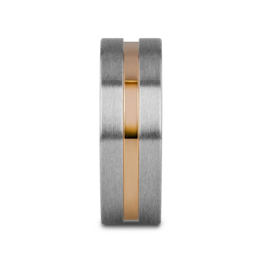 MARS Titanium Flat Brushed Finished Men's Wedding Ring With Rose Gold Plated Groove Center - 8mm