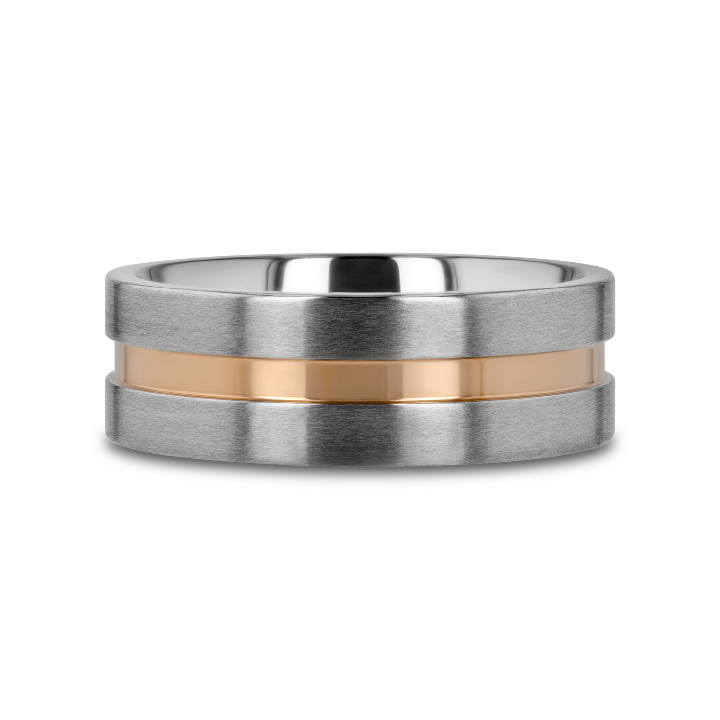 MARS Titanium Flat Brushed Finished Men's Wedding Ring With Rose Gold Plated Groove Center - 8mm