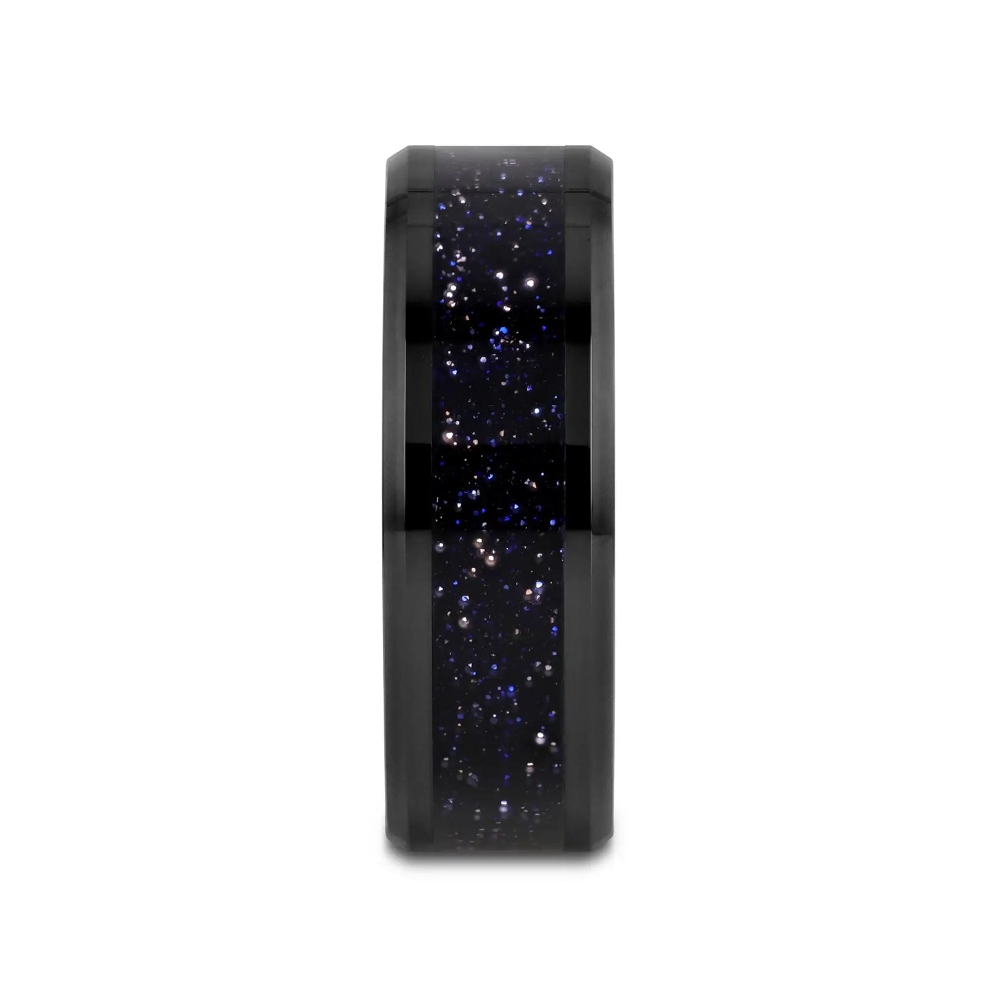MELO Black Ceramic Beveled Polished Men’s Wedding Band with Purple Goldstone Inlay - 8mm