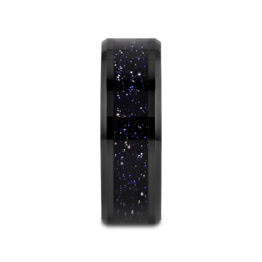 MELO Black Ceramic Beveled Polished Men’s Wedding Band with Purple Goldstone Inlay - 8mm