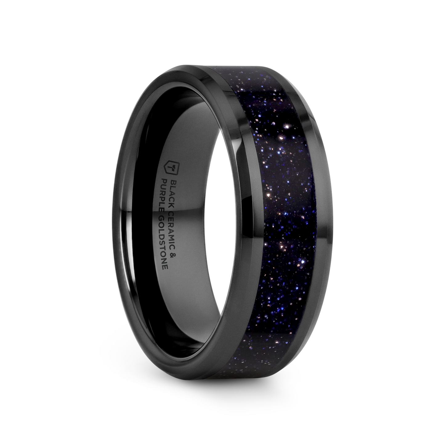 MELO Black Ceramic Beveled Polished Men’s Wedding Band with Purple Goldstone Inlay - 8mm