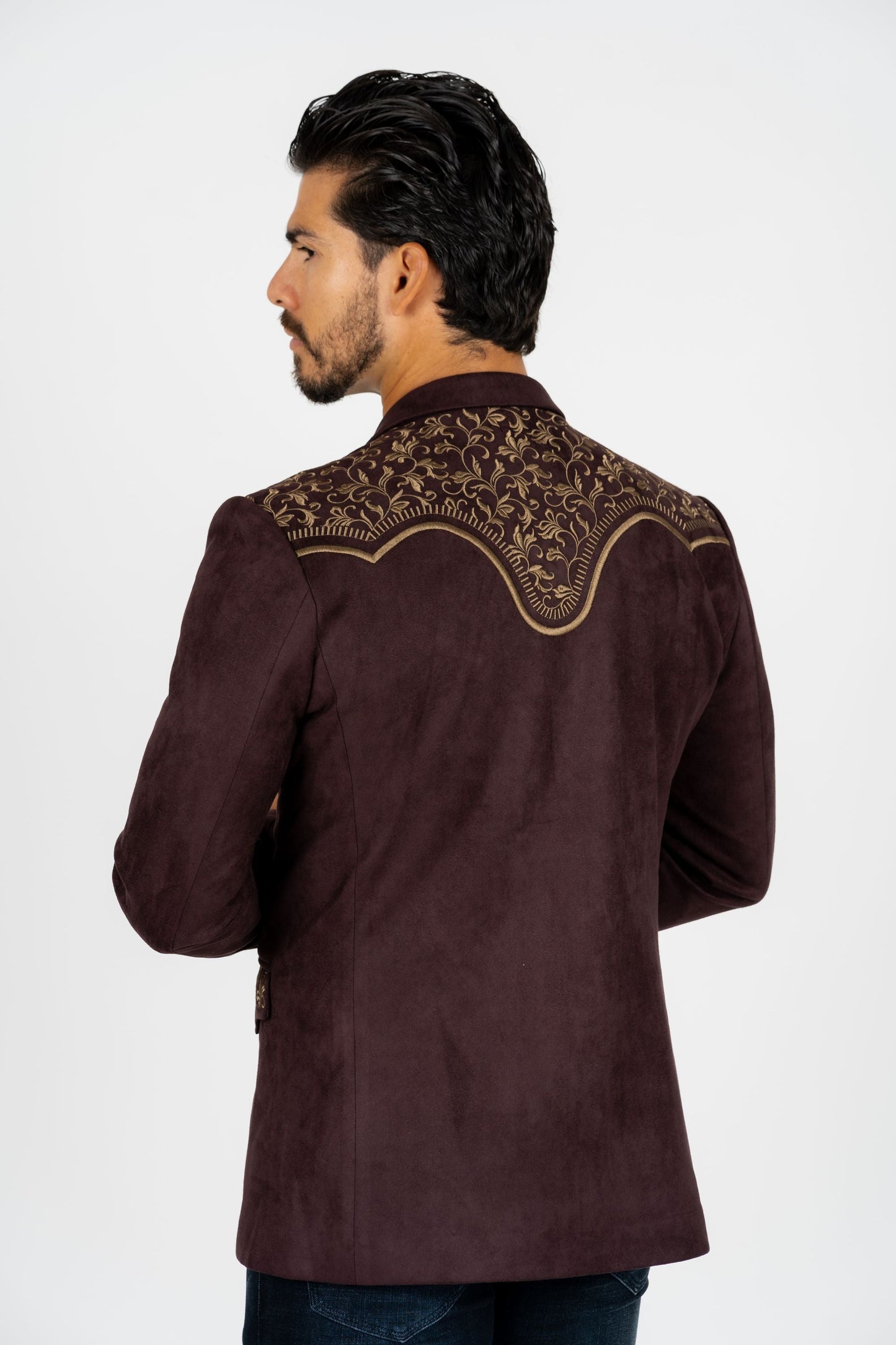 Men's Dark Brown Embroidered Faux-Suede Blazer
