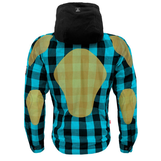 Protective Flannel Hoodie For Men - Aqua Blue and Black Checkered with Pads
