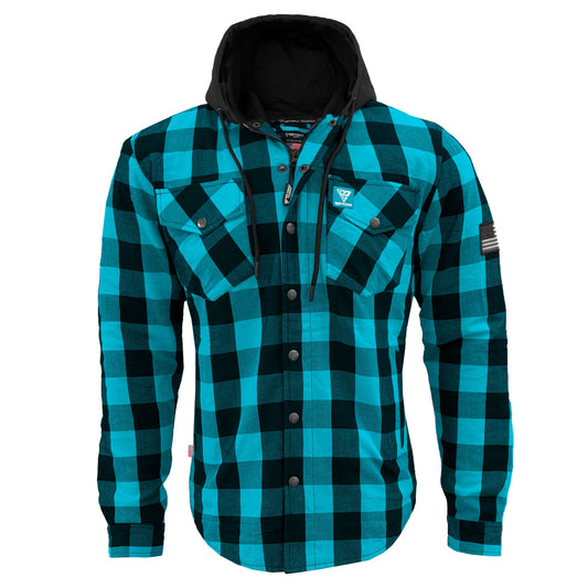 Protective Flannel Hoodie For Men - Aqua Blue and Black Checkered with Pads