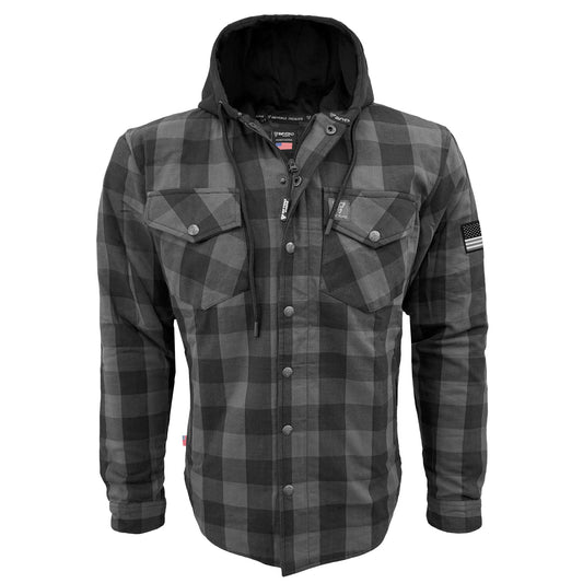 Protective Flannel Hoodie For Men - Grey and Black Checkered with Pads