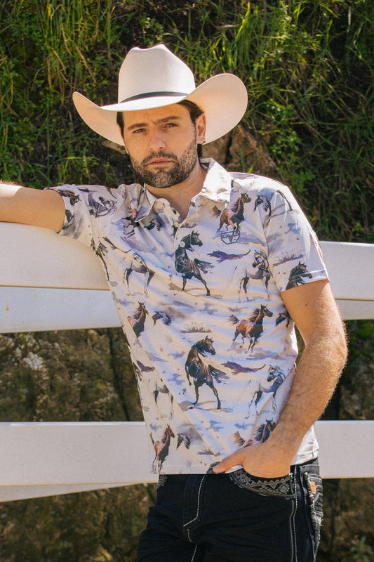 Mens Performance Fabric Modern Fit Stretch Rodeo Print Polos